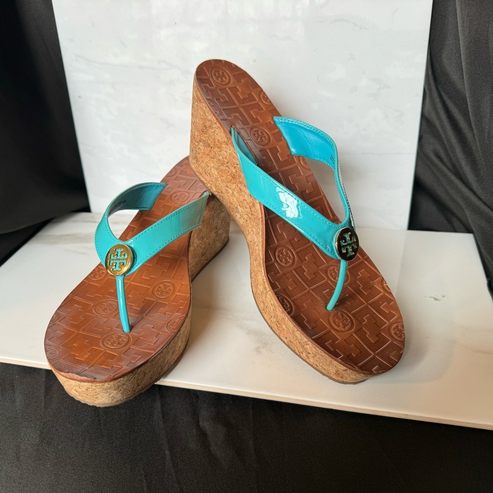 Tory Burch turquoise, wedge sandal, Thora patent leather